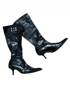 Black Kitten Heel Whimsigoth Pleather Boots Witchy Pointed Toe Studded - 37 EU